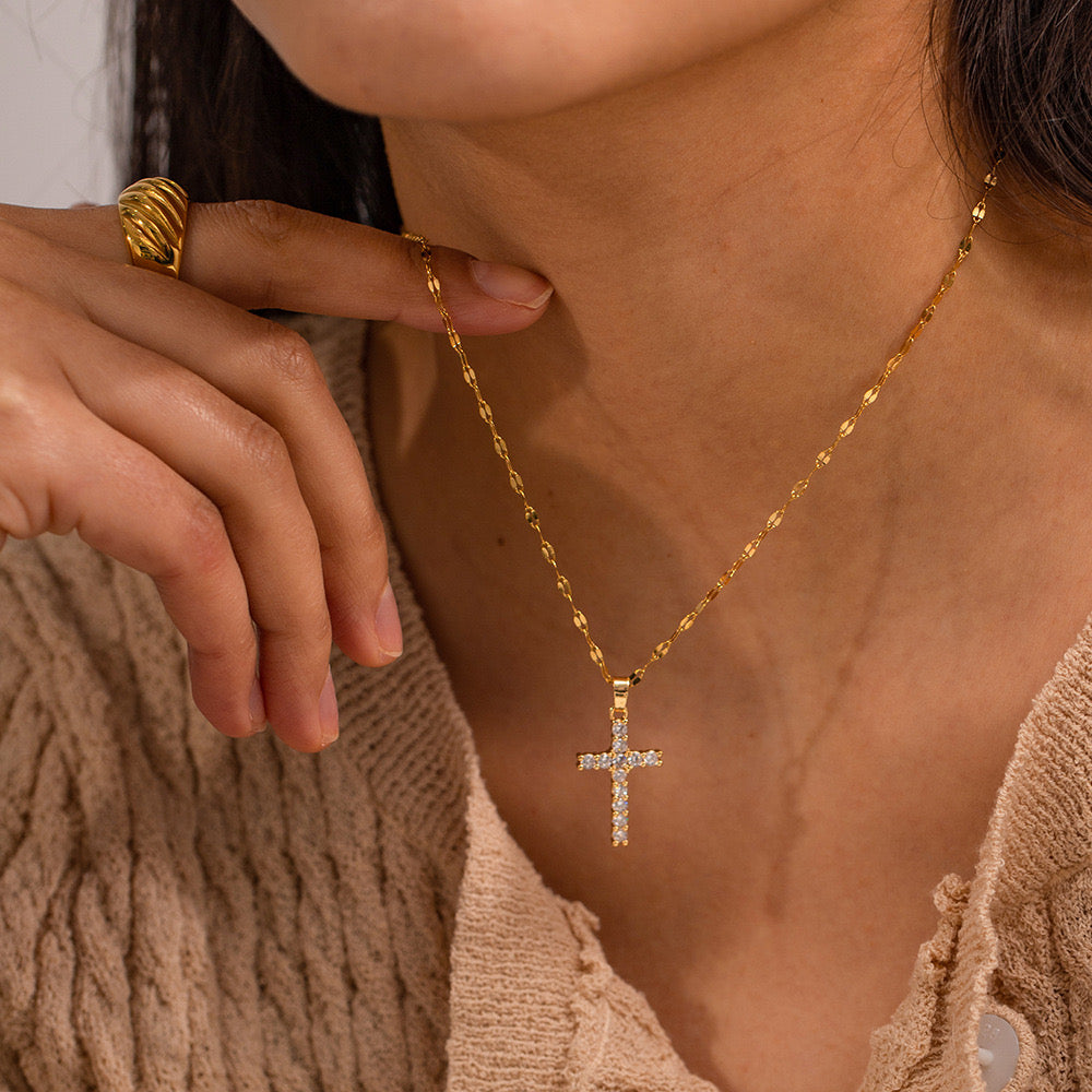18K Gold Bling Cross CZ Pendant Necklace