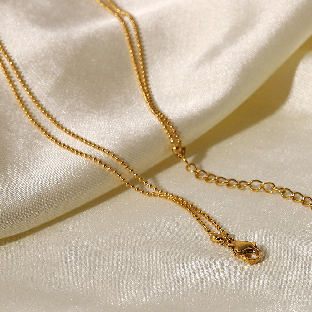 18K Gold Minimalist Bar Double Beaded Chain Layered Necklace
