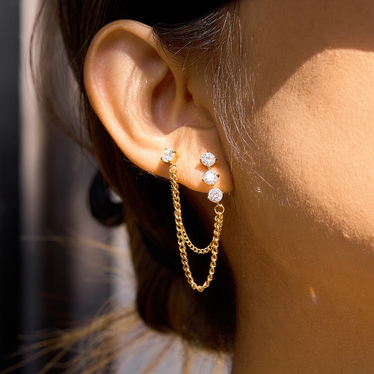 18K Gold Cascade Chain Drop Dangle CZ Stud Earrings Double Piercings
