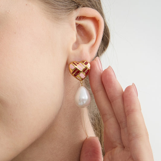 18K Gold Crimson Kiss Heart Stud Dangle Pearl Earrings