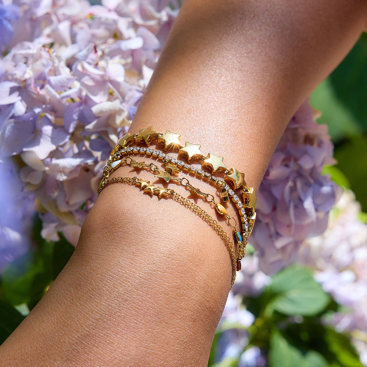 18K Gold Stars Align Dainty Chain Colorful Hearts Bracelet Stack