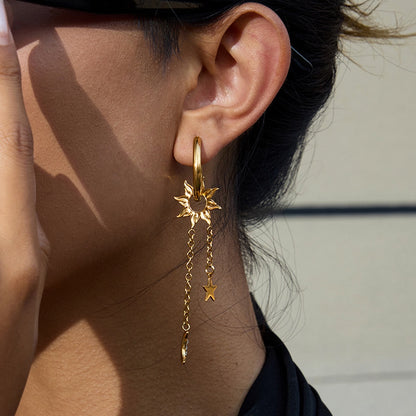 18K Gold Celestial Sun Moon and Star Drop Dangle Huggie Earrings