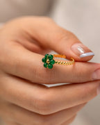 18K Gold Emerald Beaded Lucky Flower Ring