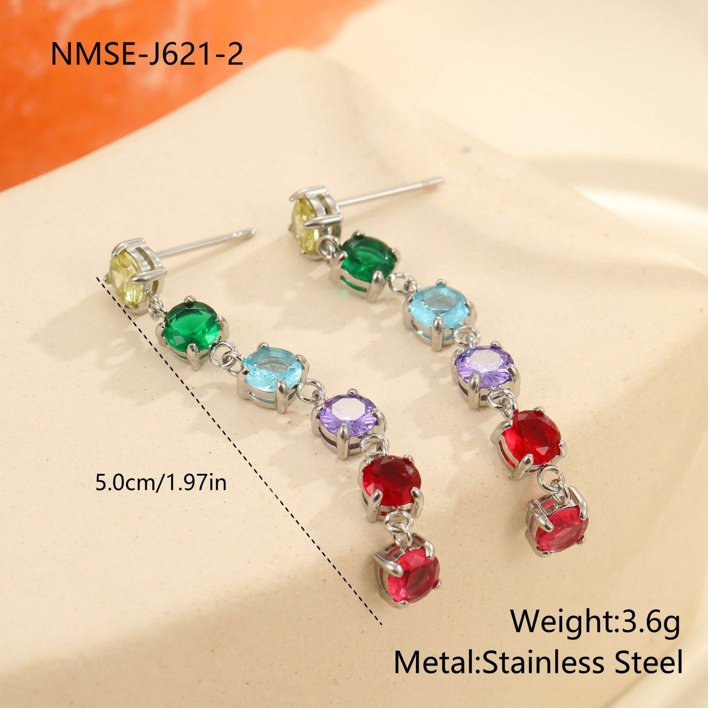 18K Gold Rainbow Tennis Chain Drop Dangle Stud Earrings