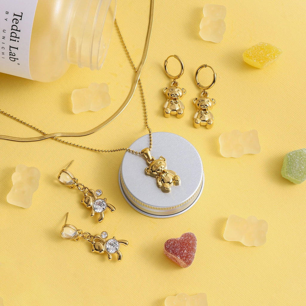 18K Gold Cute Gummy Bear Pendant Herringbone Snake Chain Layered Necklace