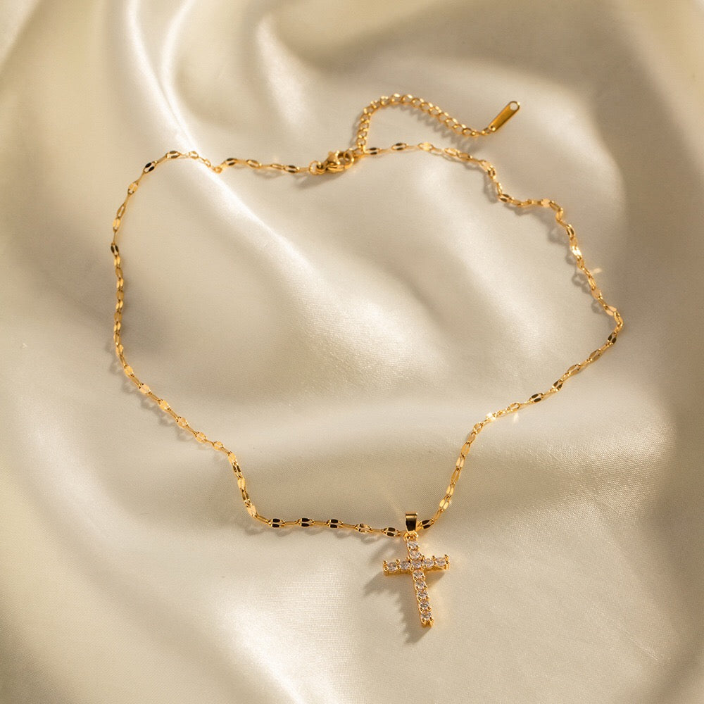 18K Gold Bling Cross CZ Pendant Necklace
