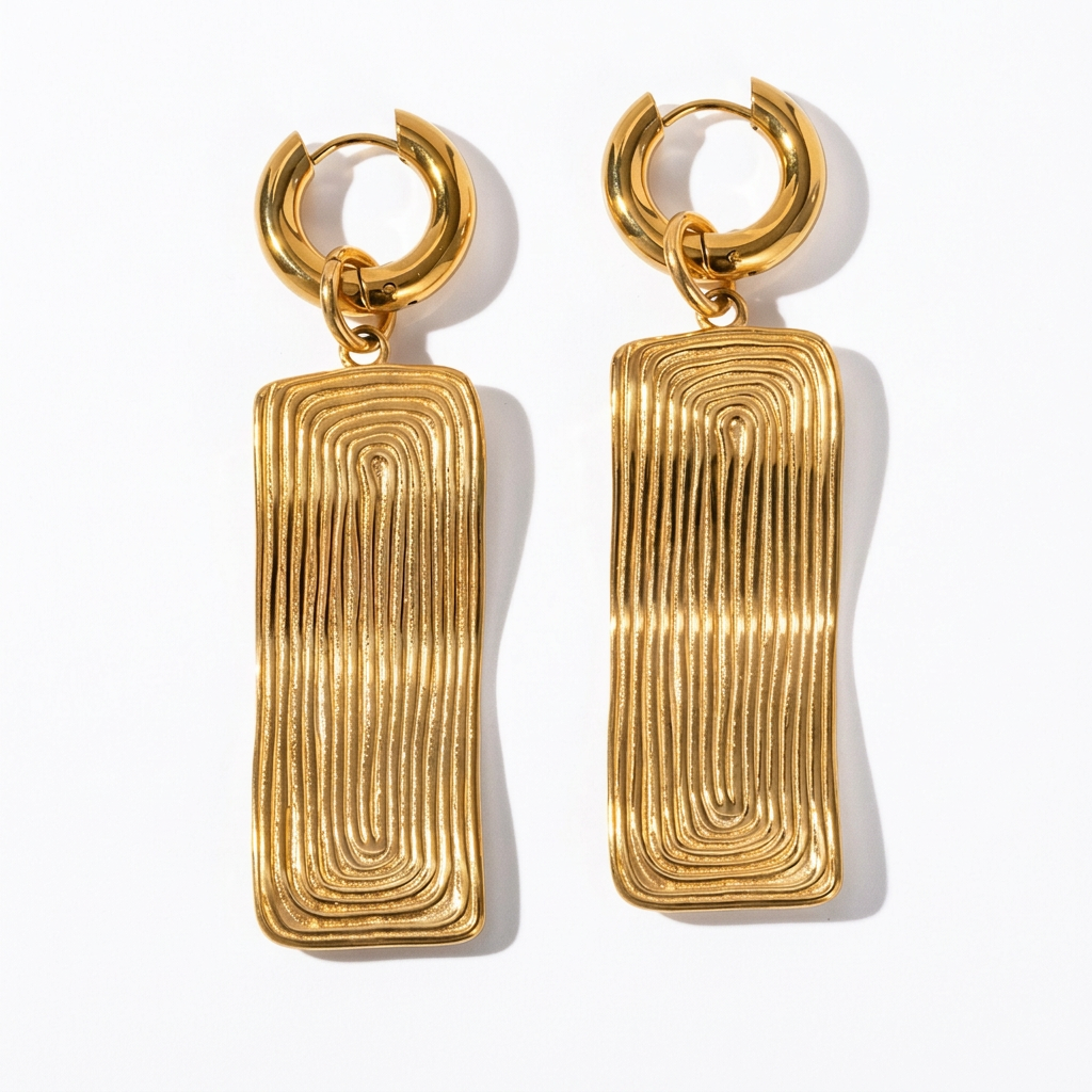 18K Gold Ribbed Plate Pendant Necklace & Statement Dangle Earrings Set