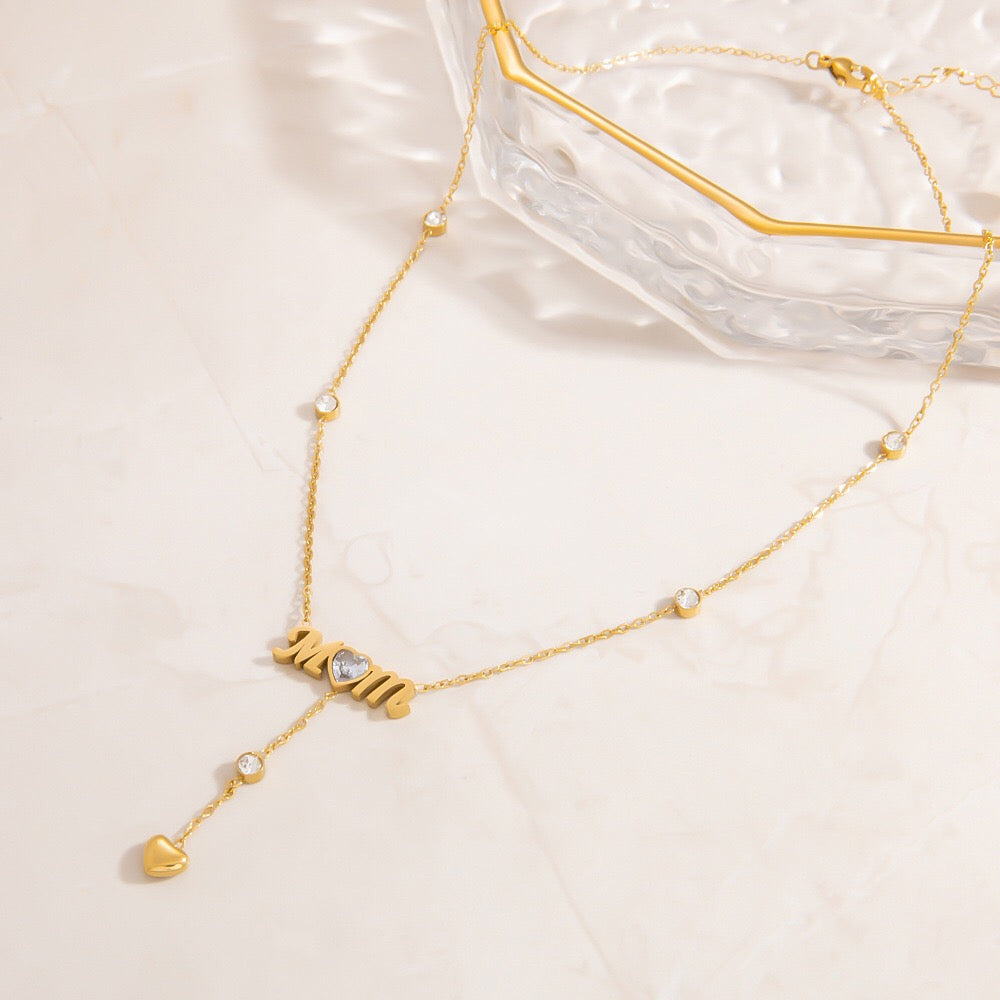 18K Gold Bling Mom CZ Lariat Necklace