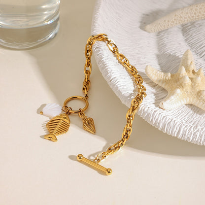 18K Gold Coastline Shell Fishbone Toggle Chain Charm Bracelet