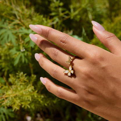 18K Gold Bejeweled Pearl Butterfly Cuff Ring