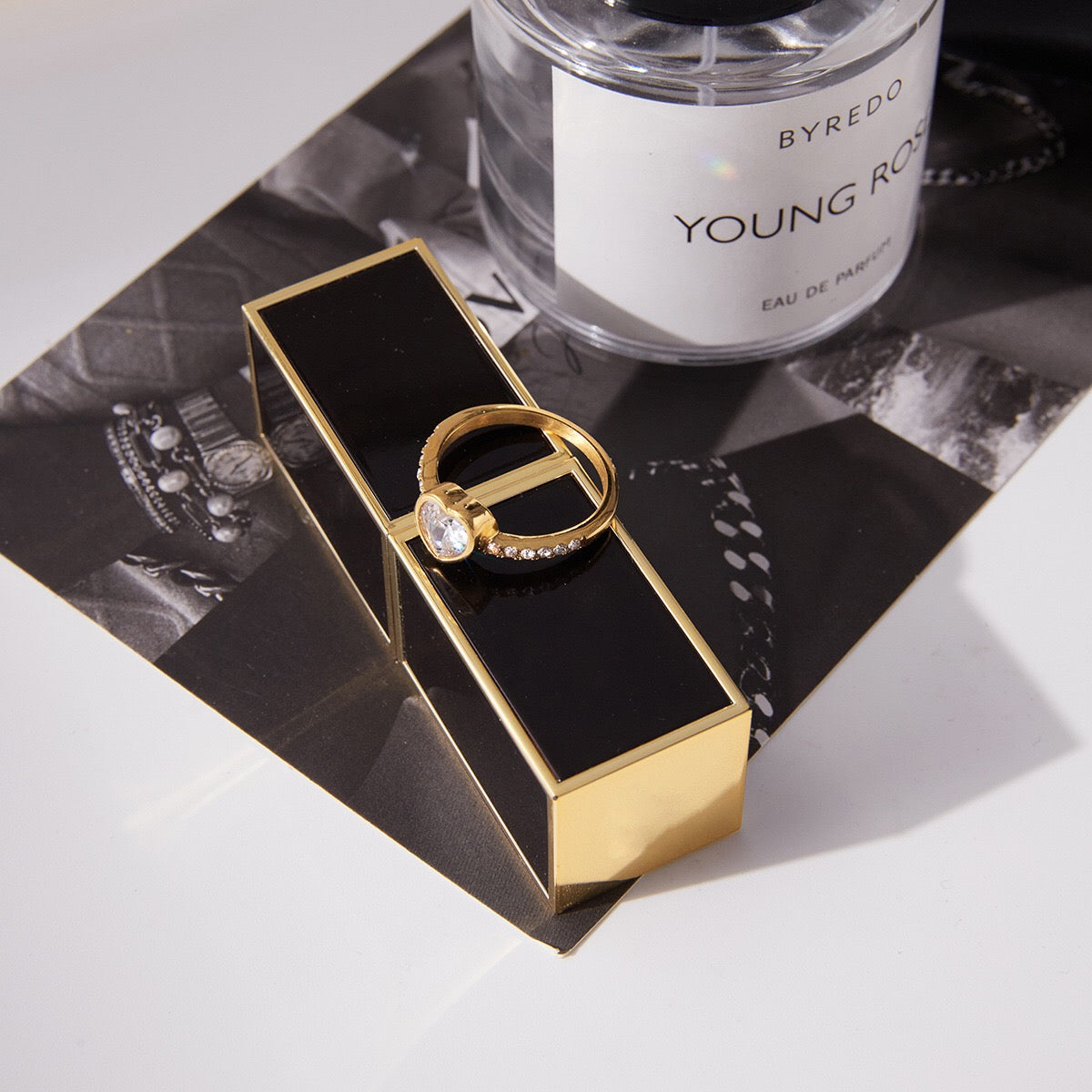 18K Gold Flirt Alert Flower Heart Statement CZ Stacking Ring