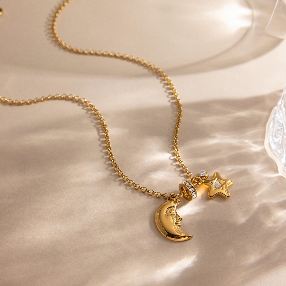 18K Gold Starlight Star and Moon Charm Necklace