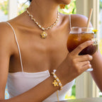 18K Gold Princess Flower Pearl Pendant Ribbon Chain Layered Necklace Set