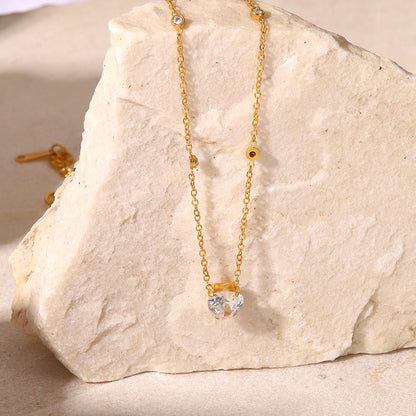 18K Gold Dainty Starry Heart CZ Pendant Necklace