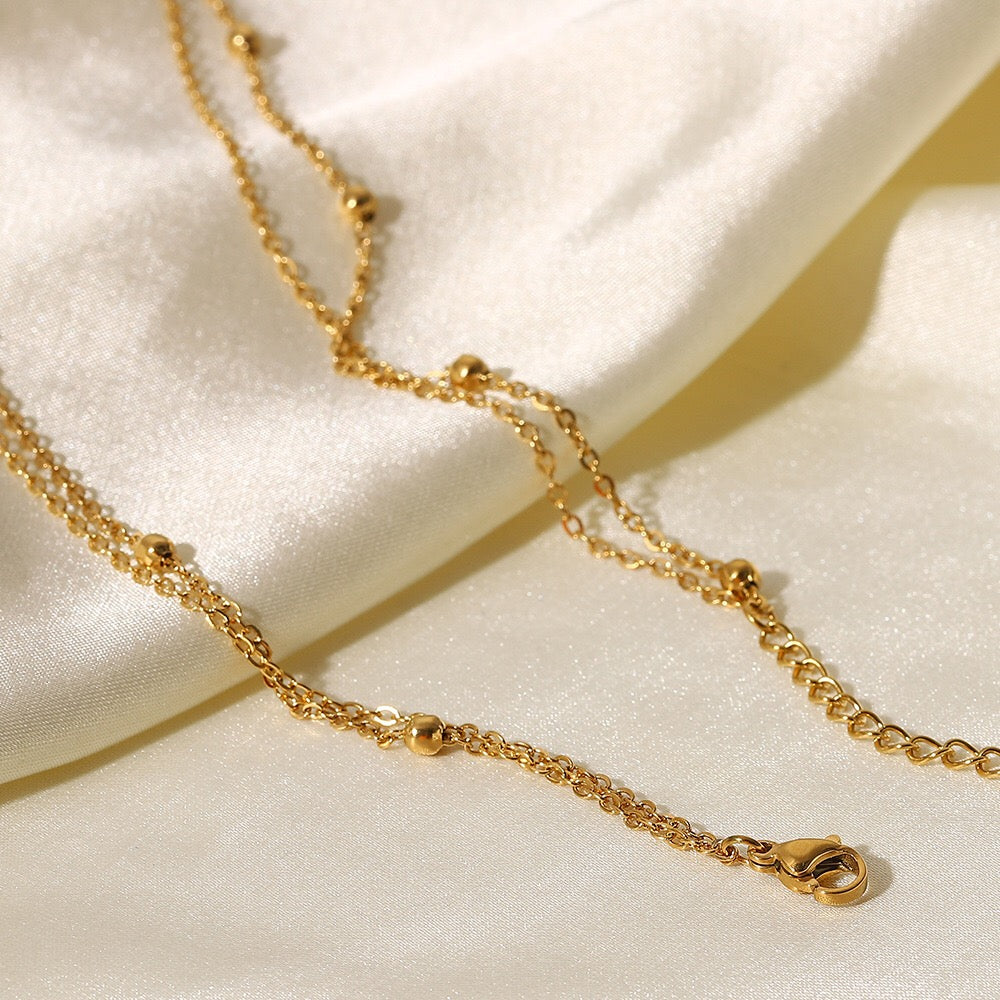 18K Gold Delicate Disc Pendant Beaded Chain Layered Necklace