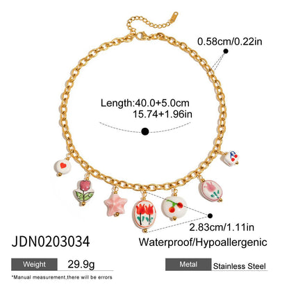 18K Gold Flower Blossom Ceramic Circle Chain Charm Necklace