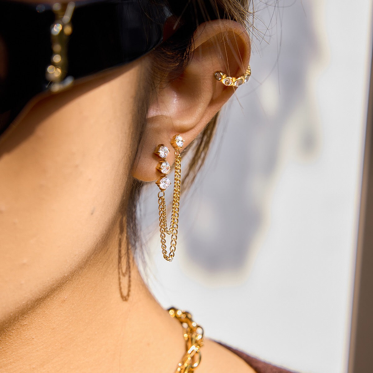 18K Gold Cascade Chain Drop Dangle CZ Stud Earrings Double Piercings