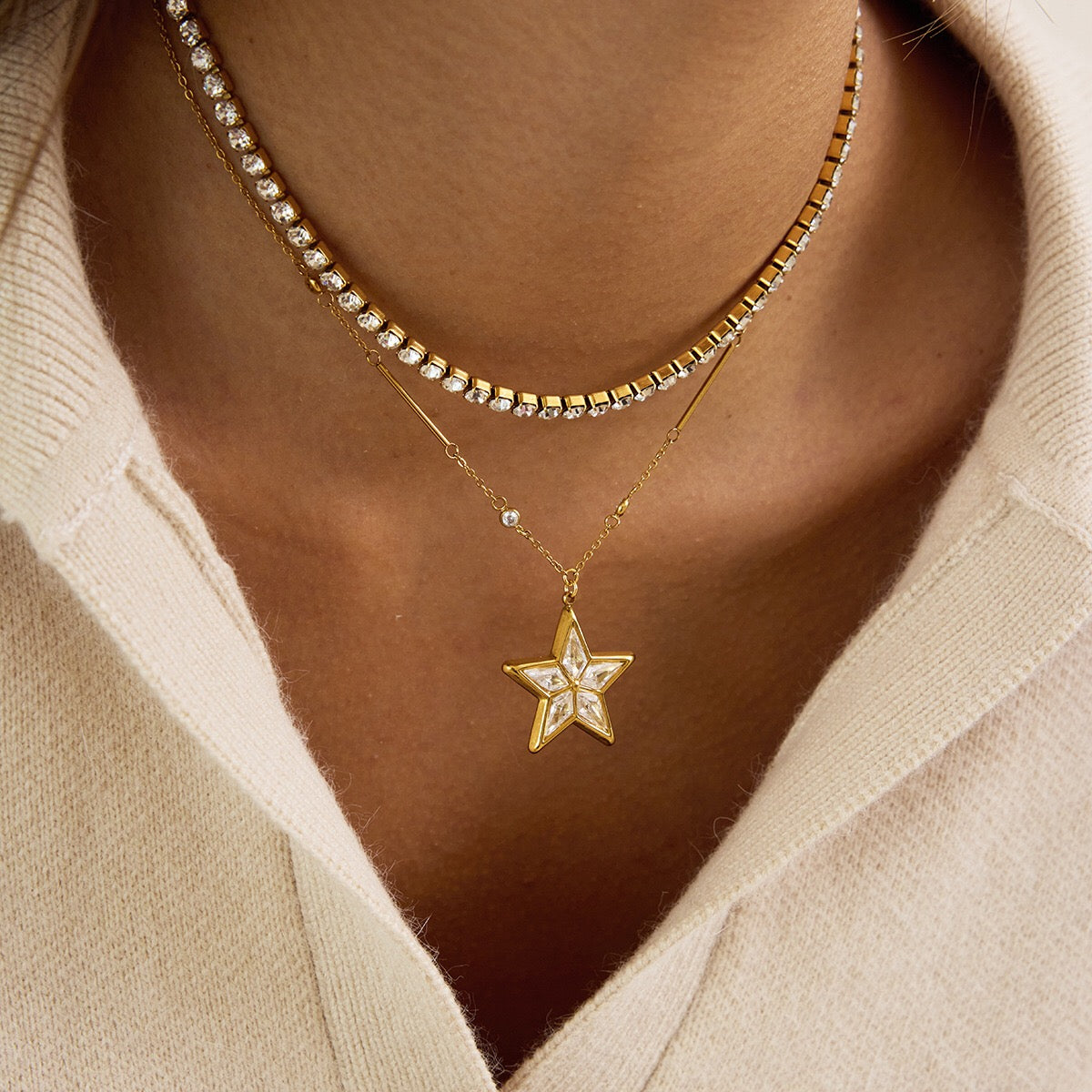 18K Gold Stellar Heart Pendant Tennis Chain Layered Necklace Set
