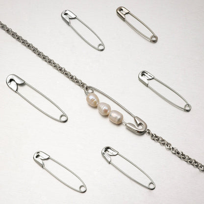 18K Gold and Silver Starry Bow Pendant Pearl Safety Pin Chain Layered Necklace Set