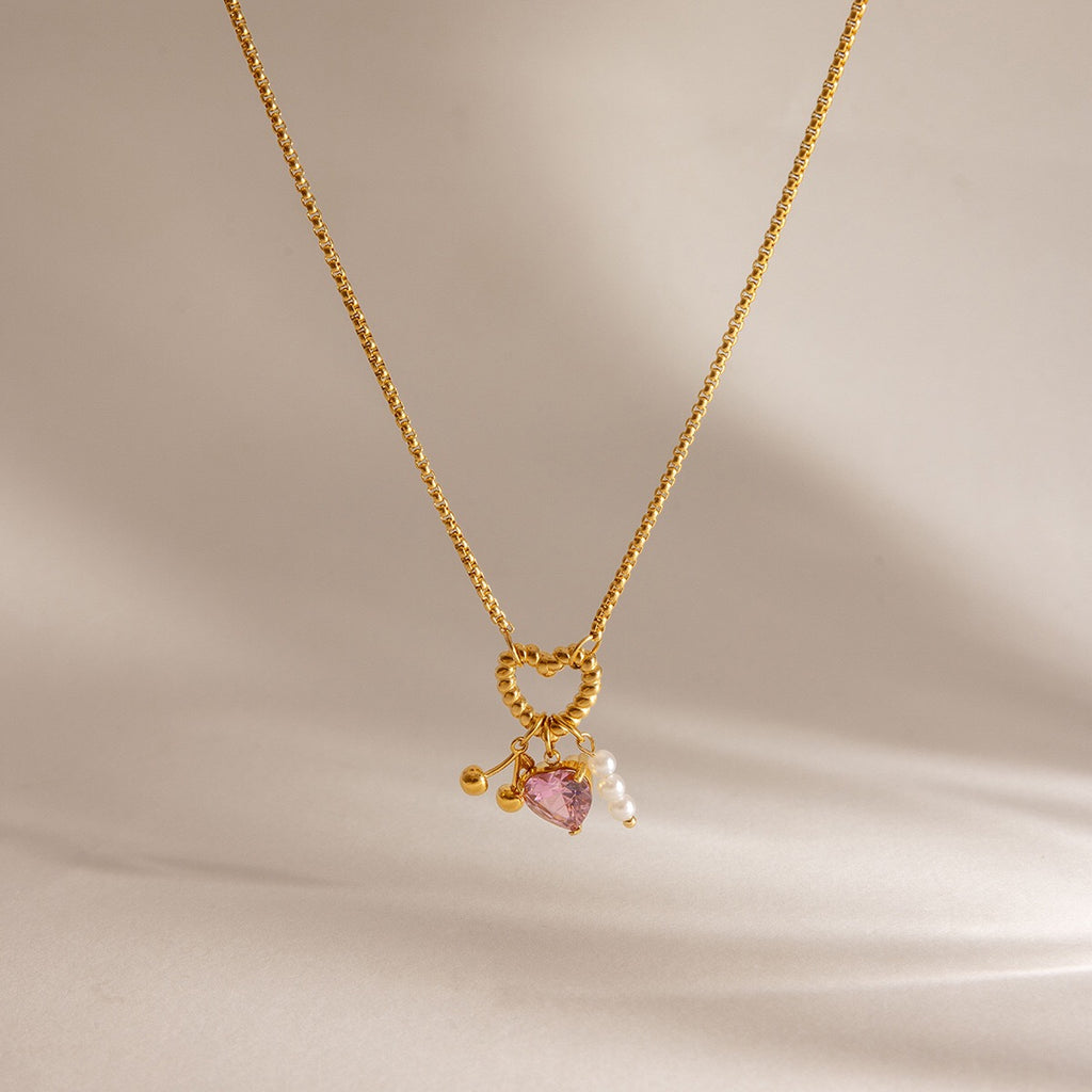 18K Gold Cherry Crush Pink Heart Charm Necklace