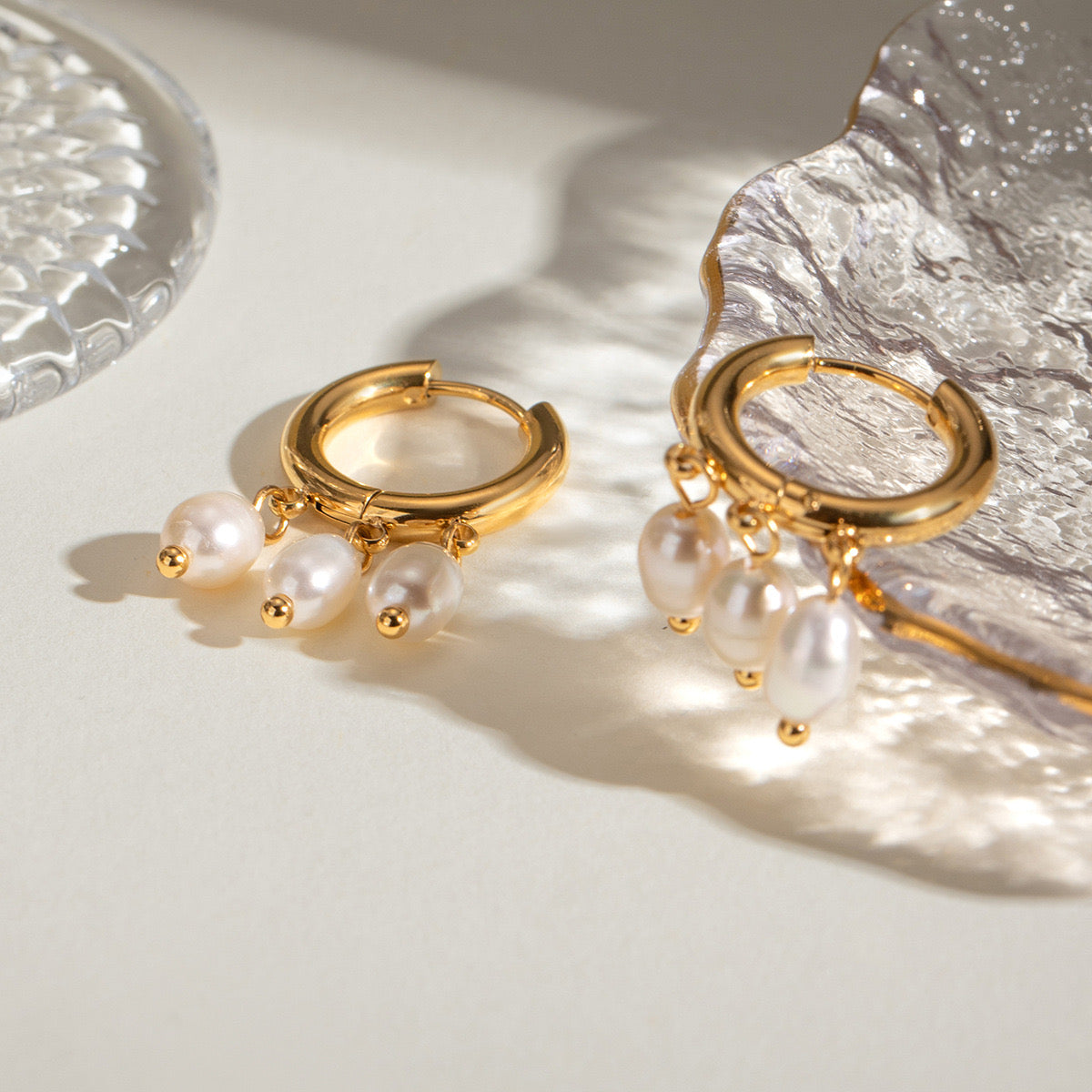 18K Gold Dangle Pearl Huggie Earrings