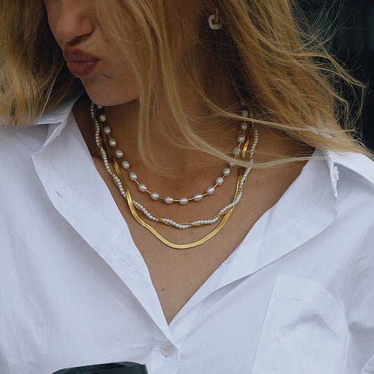 18K Gold Divine Pearl Herringbone Snake Chain Necklace Set
