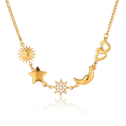 18K Gold Celestial Dream Sun Moon Star Heart Charm Necklace