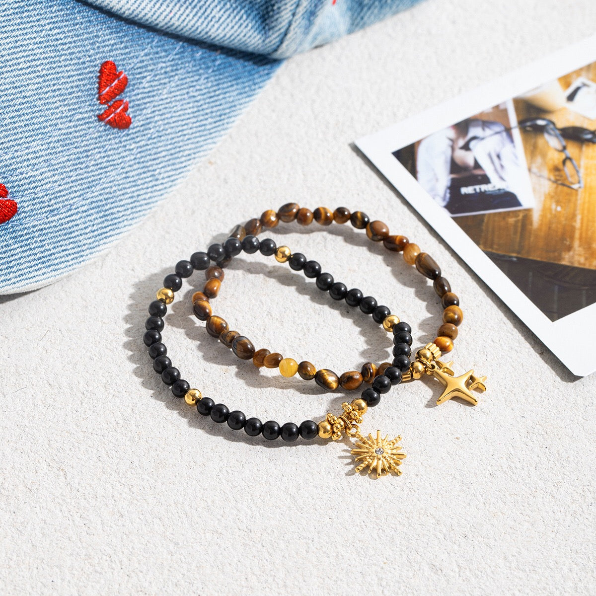 18K Gold Tiger Eye Starry Charm Beaded Bracelet Stack