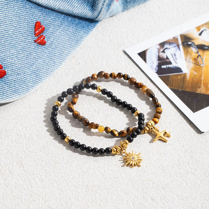 18K Gold Tiger Eye Starry Charm Beaded Bracelet Stack