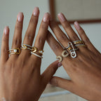 18K Gold Runway Chic Safety Pin CZ Pearl Statement Rings