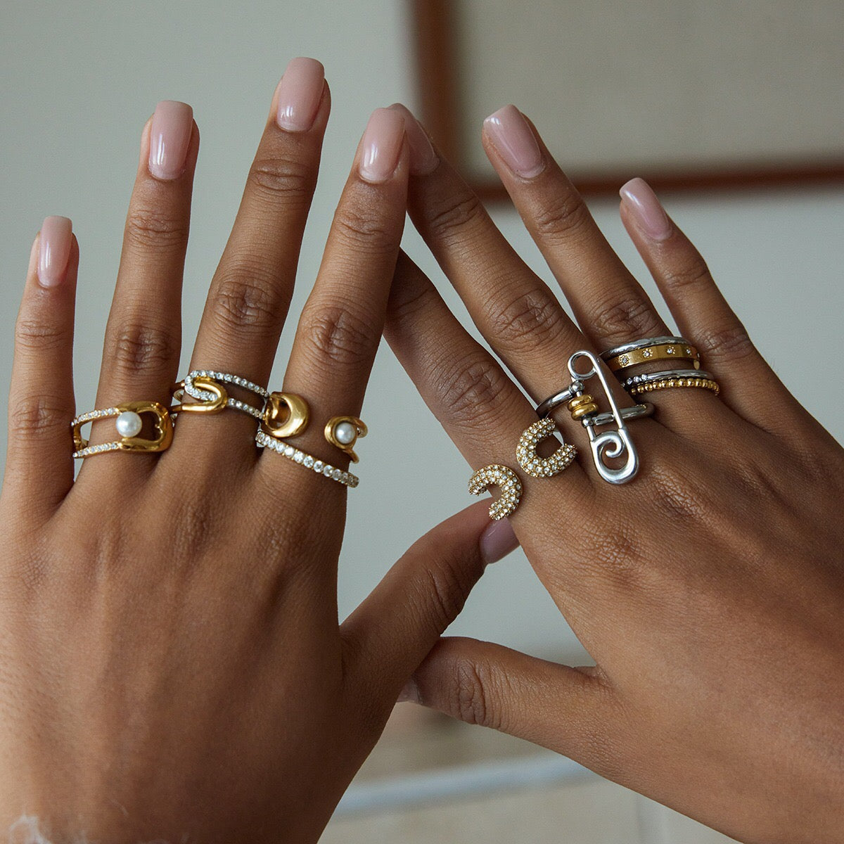 18K Gold Runway Chic Safety Pin CZ Pearl Statement Rings