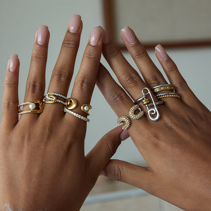 18K Gold Runway Chic Safety Pin CZ Pearl Statement Rings