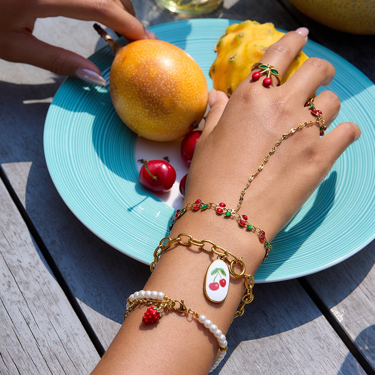 18K Gold Waterproof Red Cherry Trendy Hand Jewelry Chain Bracelet
