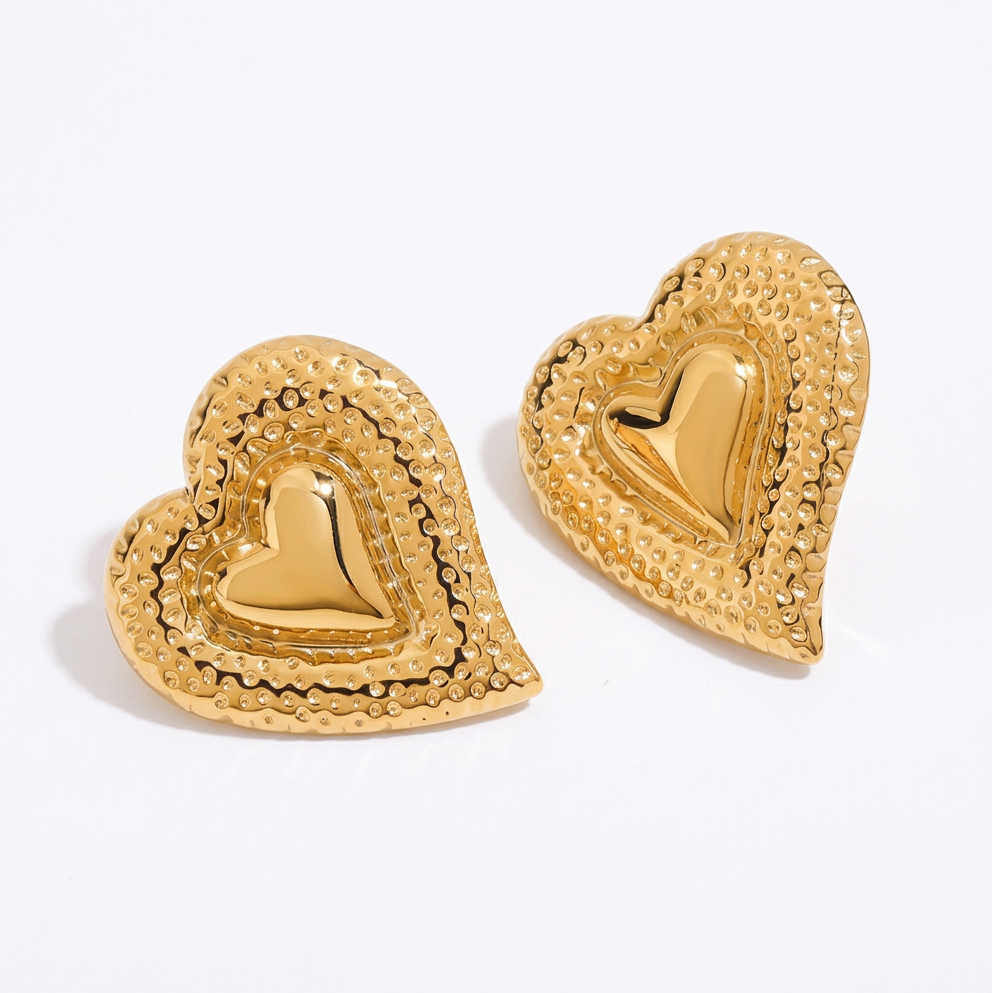 18K Gold Heart Pendant Puka Shell Statement Choker Necklace & Stud Earrings Set