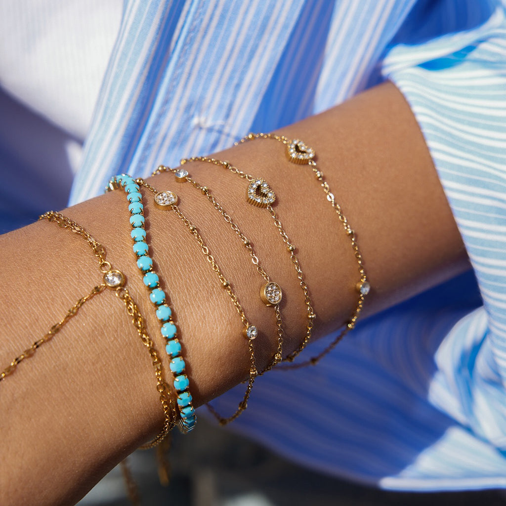 18K Gold Moonkiss Double Chain Heart Dainty Bracelet Stacks
