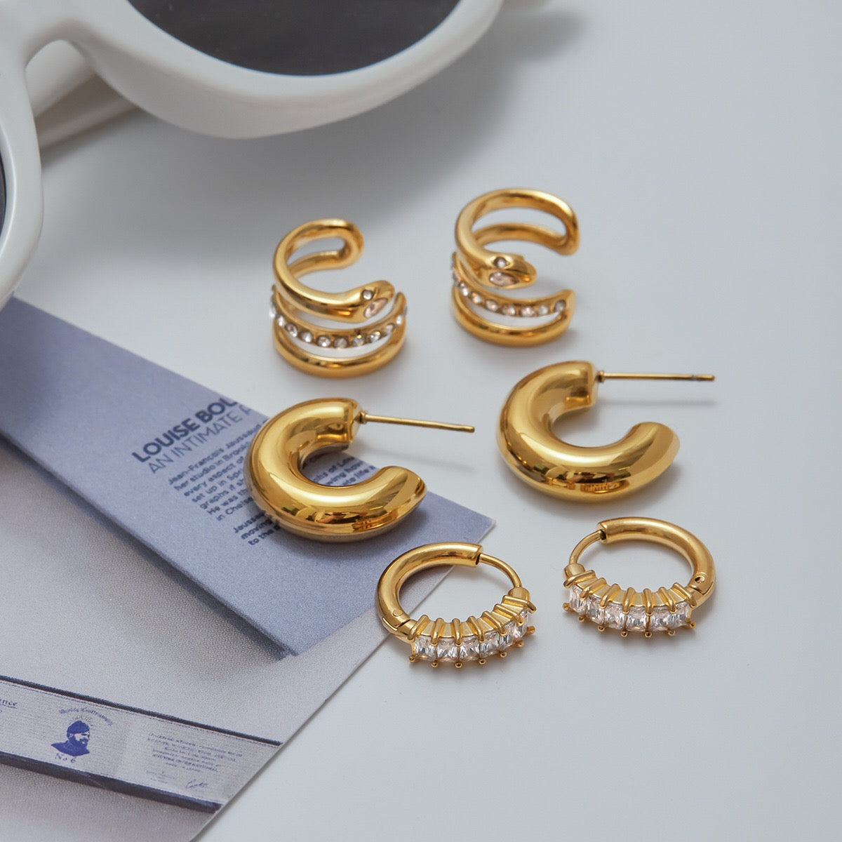 18K Gold Glory Bling Huggie Earrings Ear Cuff Set