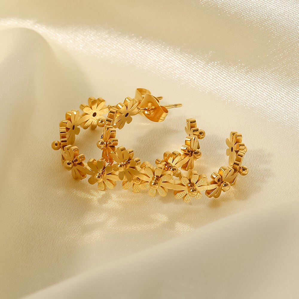18K Gold Flower Blossom Hoop Huggie Earrings