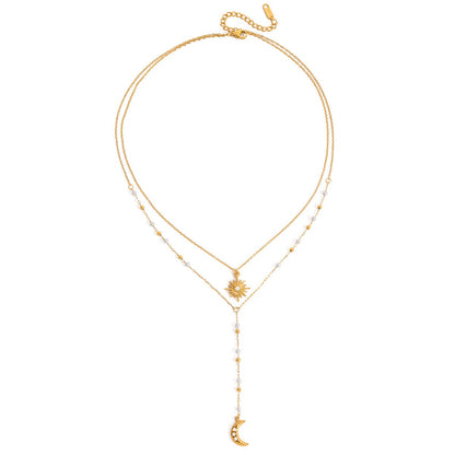 18K Gold Eclipse Spark Sun and Moon Pearl Pendant Y shape Lariat Layered Necklace