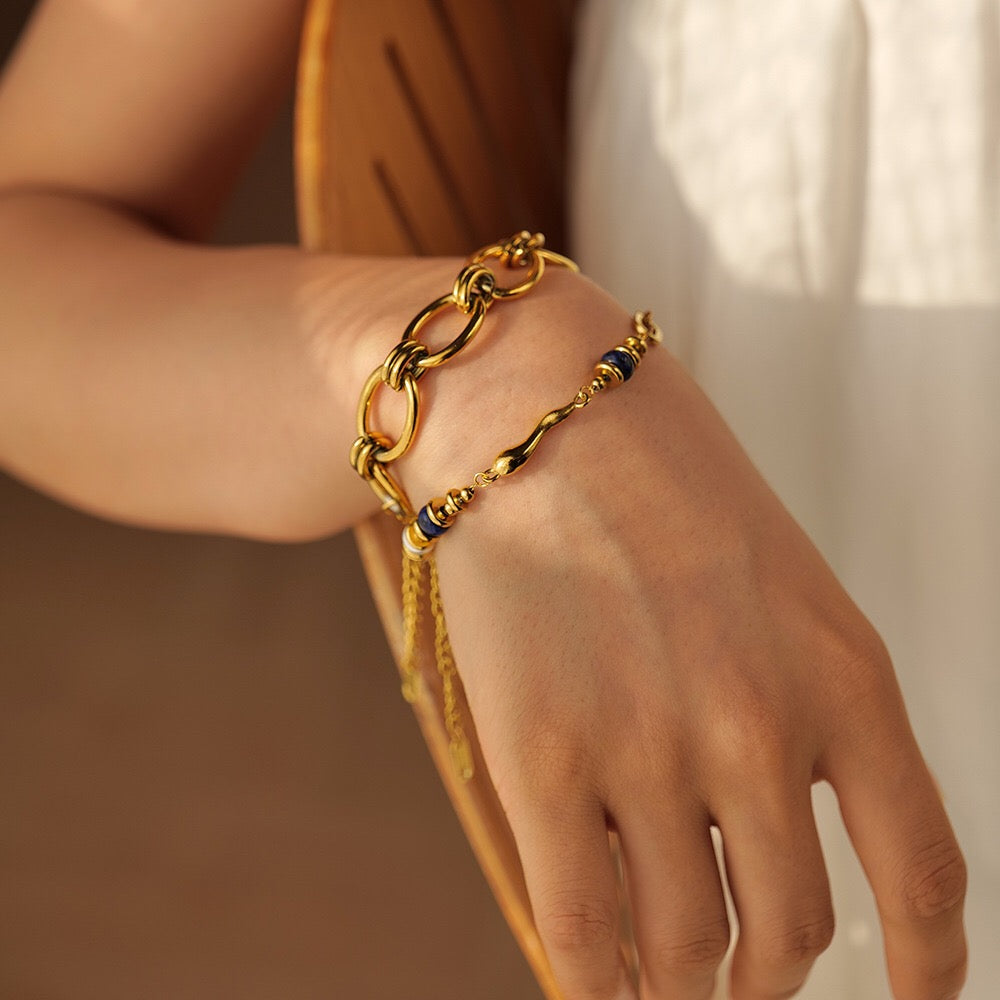 18K Gold Elegant Harmony Pearl Paperclip Chain Bracelet Stack