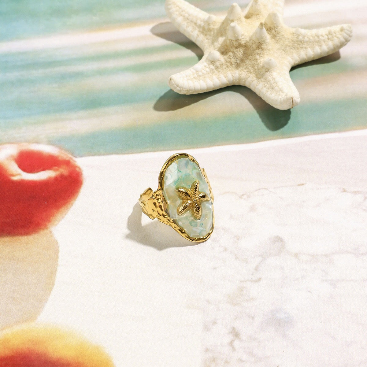 18K Gold Aqua Obsession Blue Starfish Statement Ring