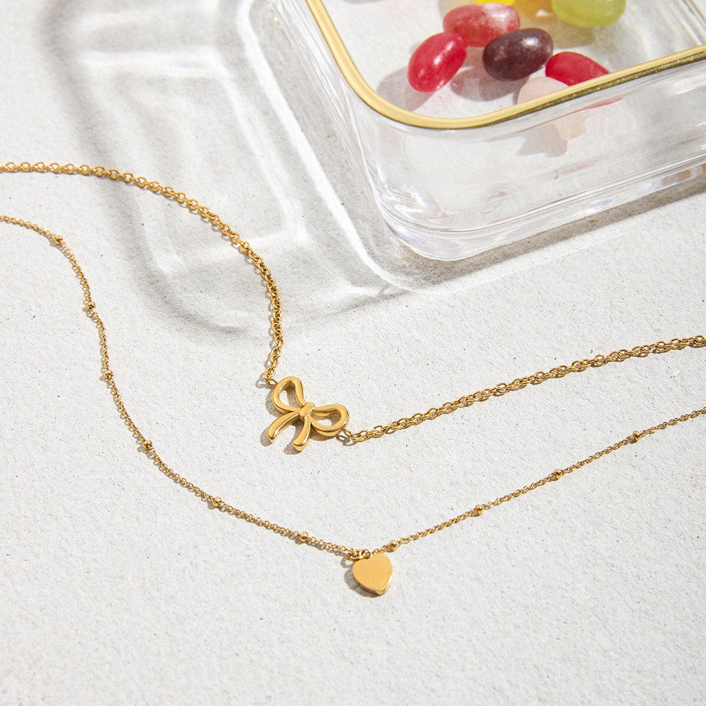 18K Gold Dainty Heart Bow Pendant Double Chain Layered Necklace Set