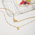 18K Gold Dainty Heart Bow Pendant Double Chain Layered Necklace Set