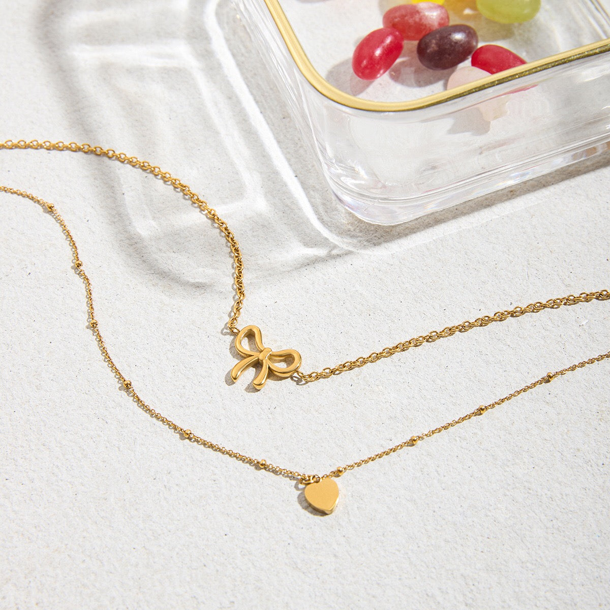 18K Gold Dainty Heart Bow Pendant Double Chain Layered Necklace Set