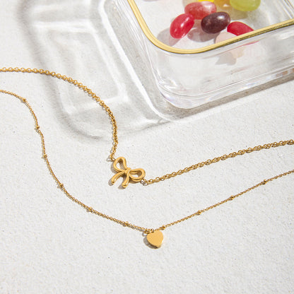 18K Gold Dainty Heart Bow Pendant Double Chain Layered Necklace Set