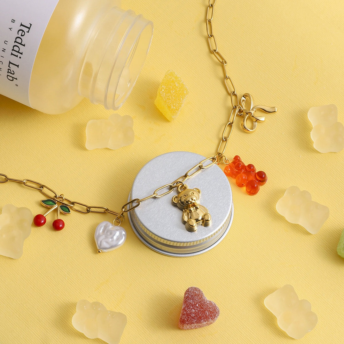 18K Gold Gummy Bear Cute Bow Cherry Paperclip Chain Charm Necklace