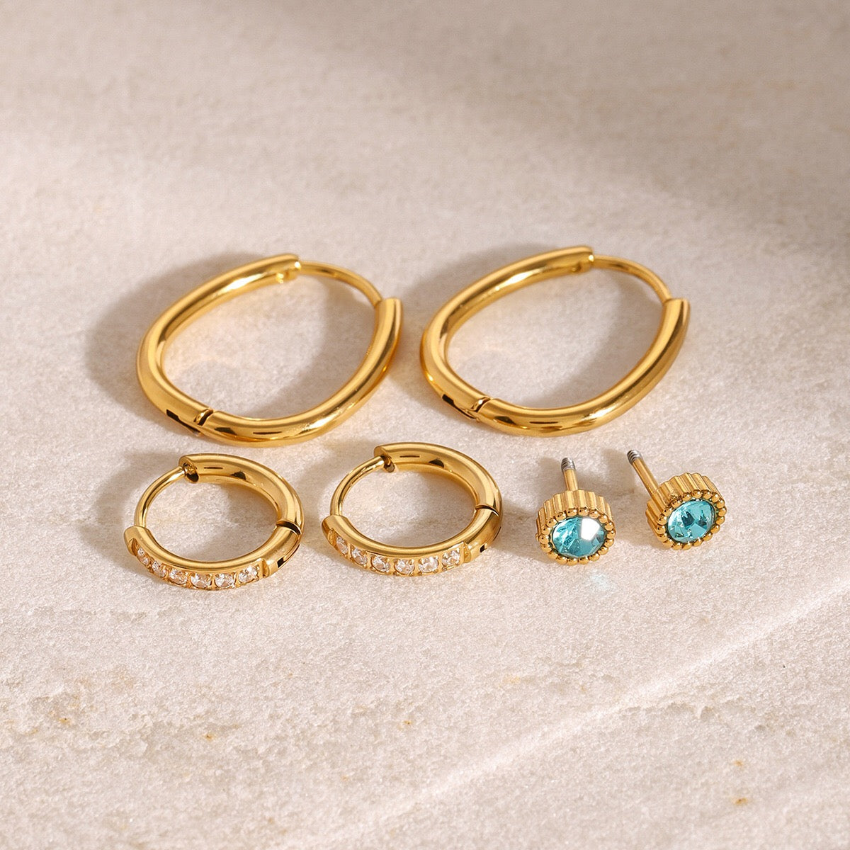 18K Gold Refined Aquamarine Huggie Hoop Earrings Cartilage Ear Studs Set