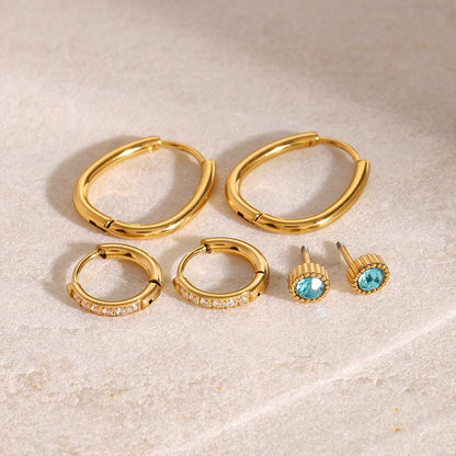 18K Gold Refined Aquamarine Huggie Hoop Earrings Cartilage Ear Studs Set