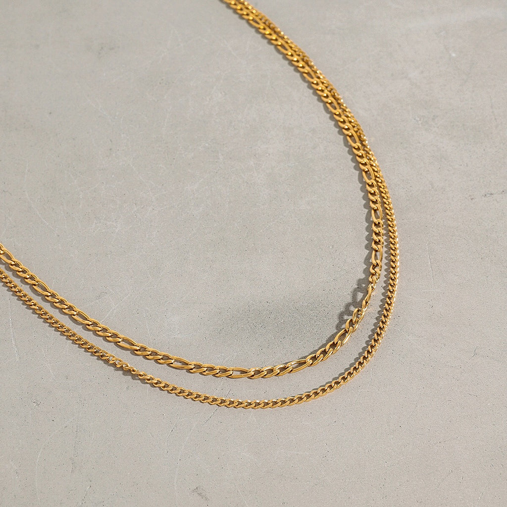 18K Gold Figaro Chain Double Layered Necklace