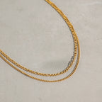 18K Gold Figaro Chain Double Layered Necklace