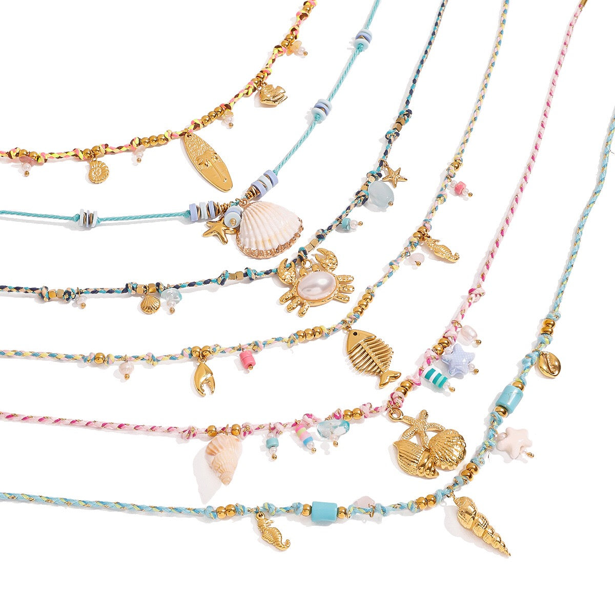 18K Gold Color String Ocean Themed Charm Necklace
